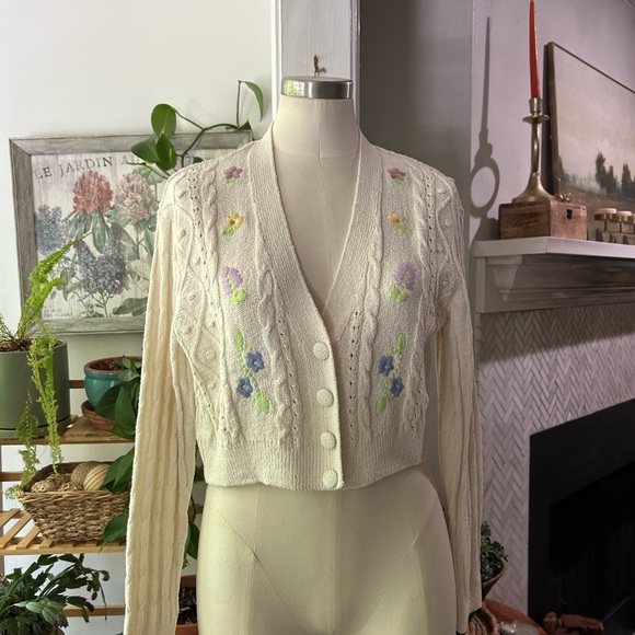 Zara Tops - Zara Cream and Purple Jersey with Floral Embroidery